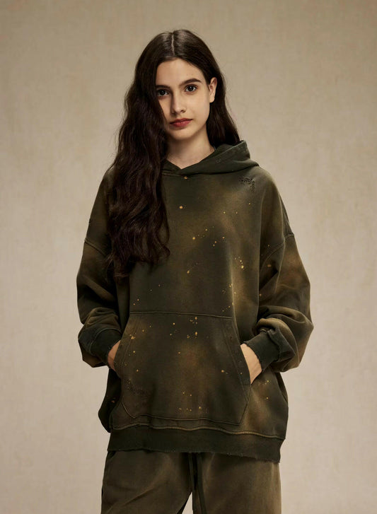 Green Faded & Distressed Paint Splattered Hoodie