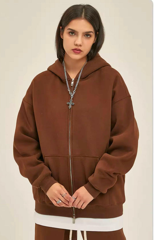 Dark Brown Double Zip Up Hoodie