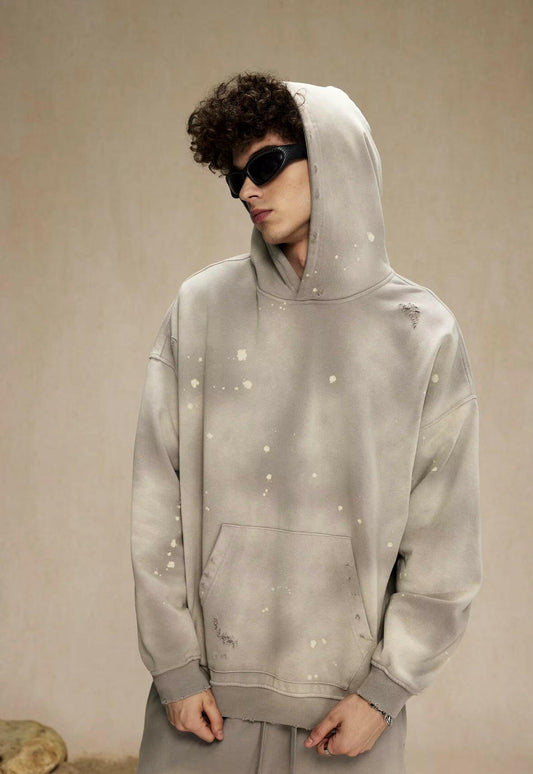 Gray Faded & Distressed Paint Splattered Hoodie