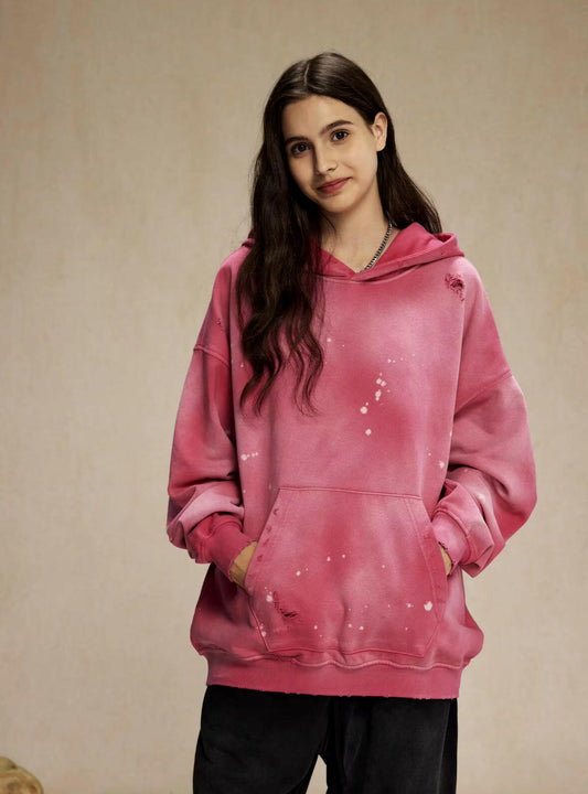 Pink Faded & Distressed Paint Splattered Hoodie