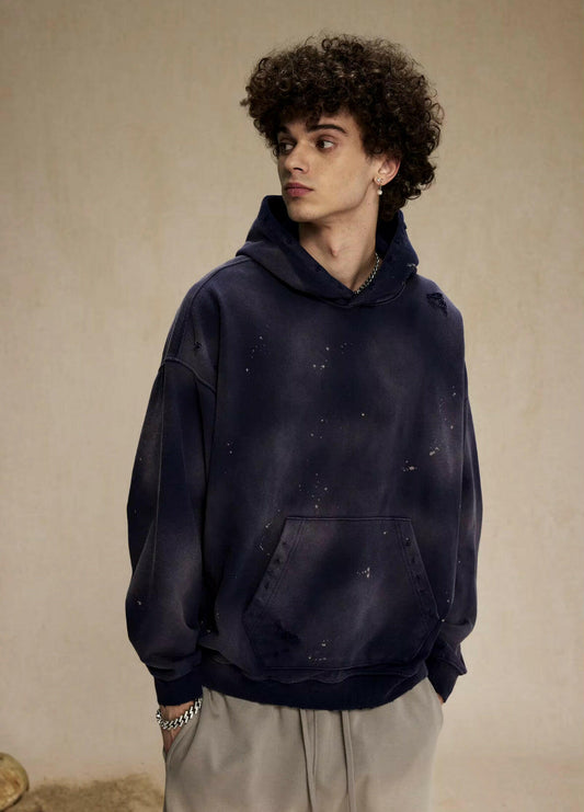 Navy Faded & Distressed Paint Splattered Hoodie - Kore Clothing