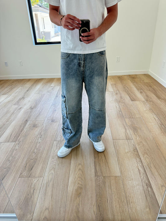 Light Blue Straight Leg Cargo Pants - Kore Clothing