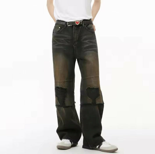 Black Desert Wash Blowout Knee Wide Straight Leg Jeans - Kore Clothing