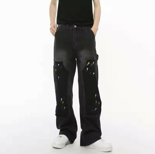 Black Paint Splatter Double Knee Wide Straight Leg Jeans - Kore Clothing