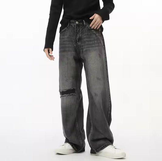 Faded Black Single Ripped Knee Wide Straight Leg Jeans - Kore Clothing