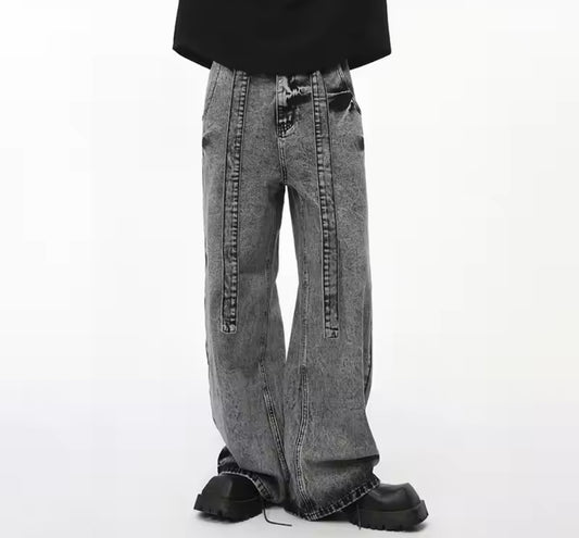 Gray Acid Wash Built In Belt Baggy Jeans - Kore Clothing