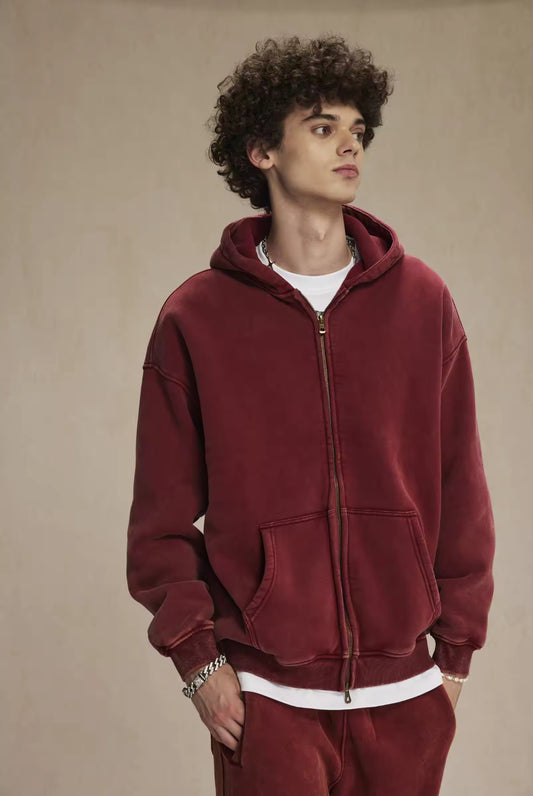 Faded Red Double Zip Up Hoodie - Kore Clothing