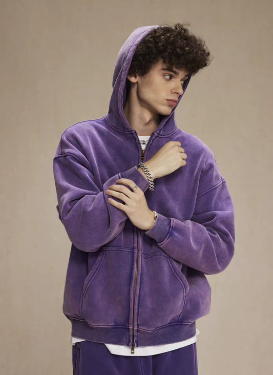Faded Purple Double Zip Up Hoodie - Kore Clothing