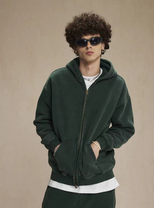 Faded Green Double Zip Up Hoodie - Kore Clothing