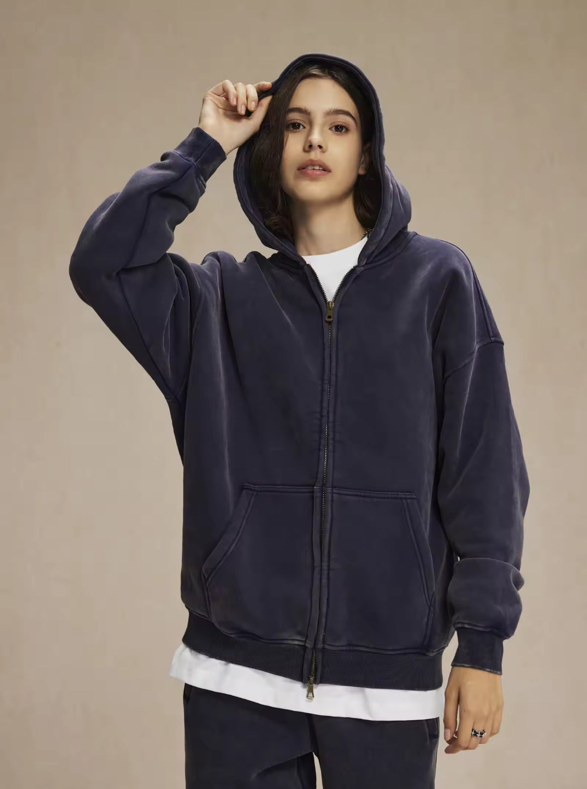 Faded Navy Blue Double Zip Up Hoodie - Kore Clothing