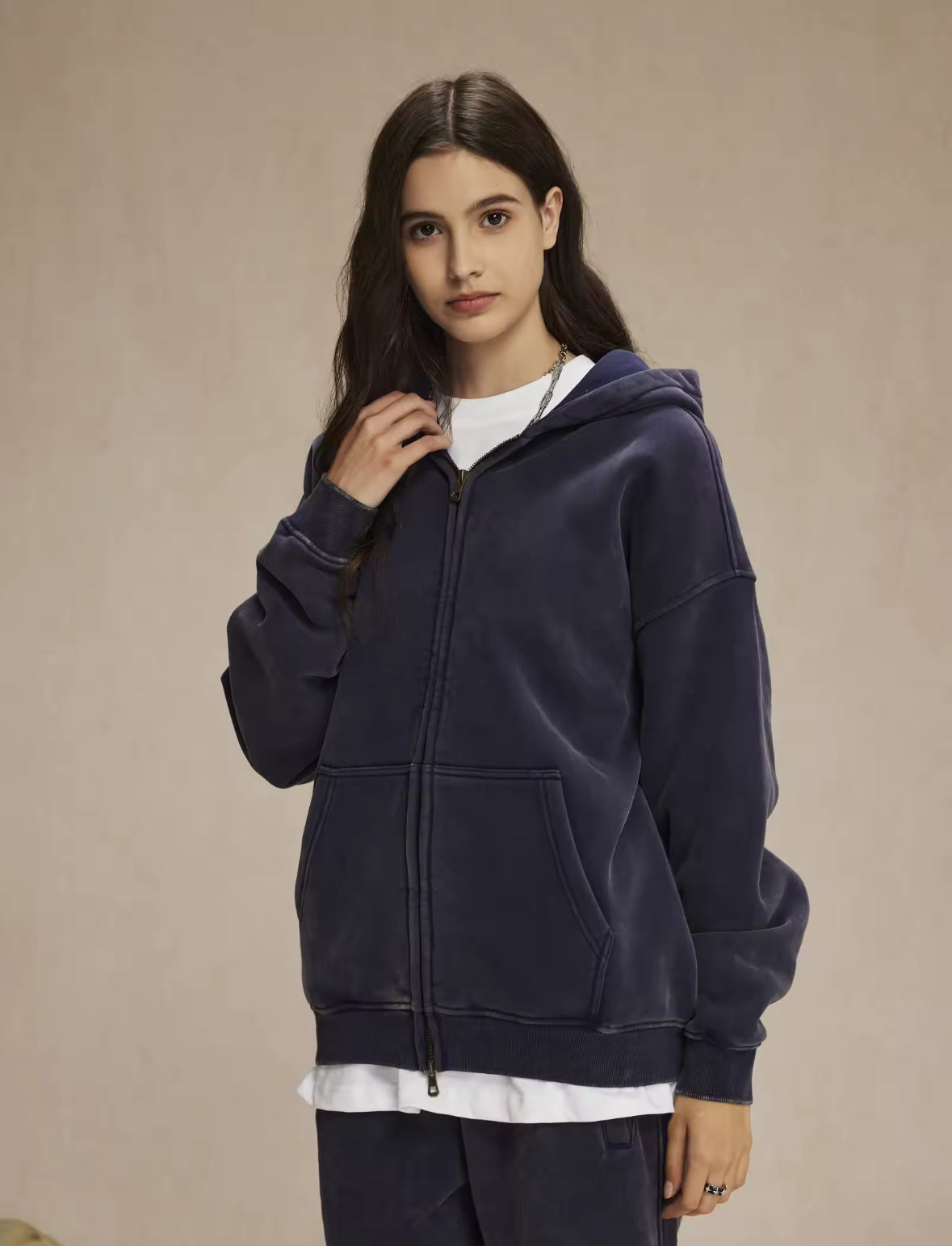 Faded Navy Blue Double Zip Up Hoodie - Kore Clothing