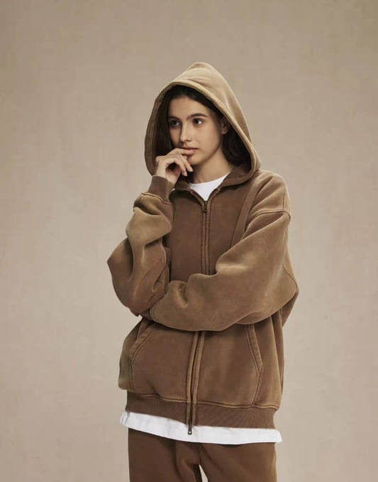 Faded Brown Double Zip Up Hoodie - Kore Clothing