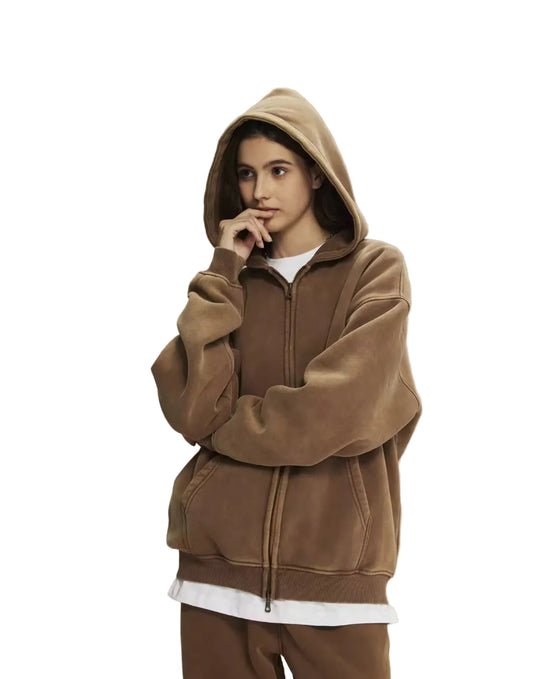 Faded Brown Double Zip Up Hoodie - Kore Clothing