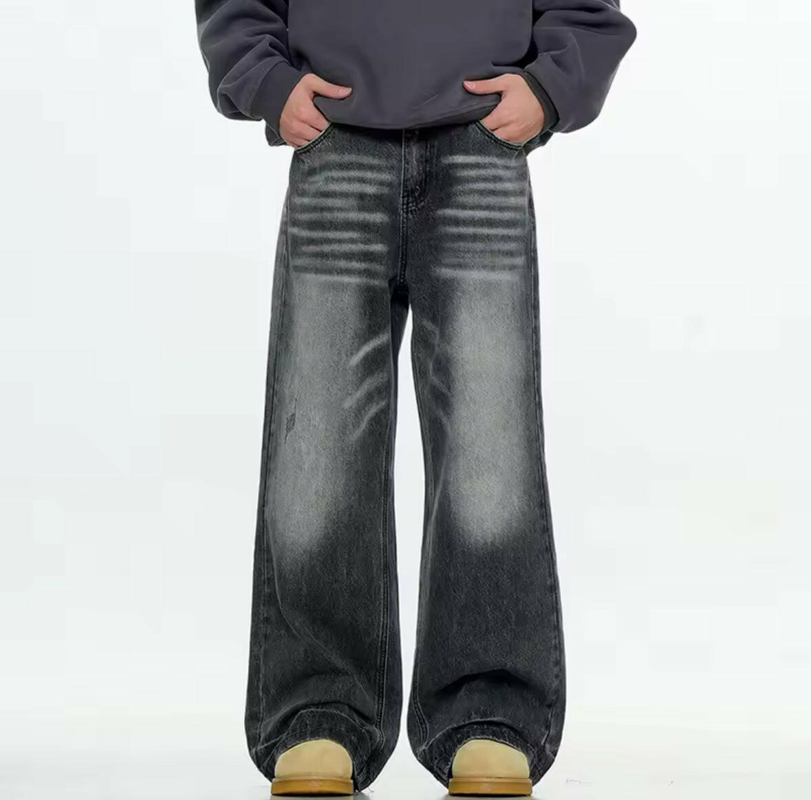 Black Whisker Faded Baggy Jeans