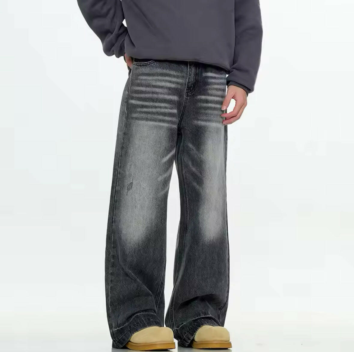 Black Whisker Faded Baggy Jeans