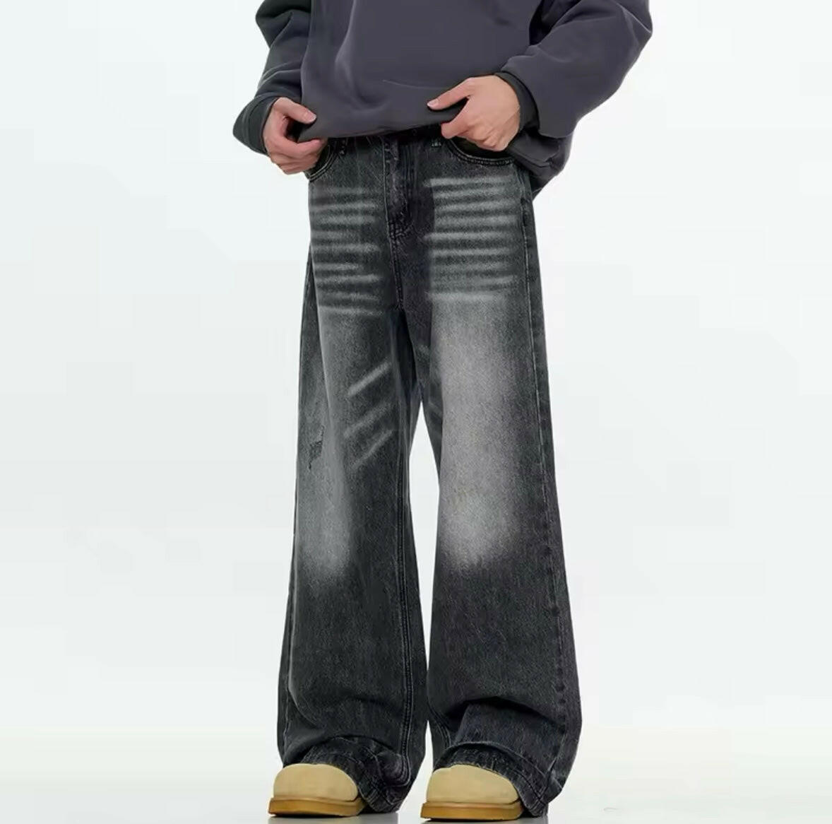 Black Whisker Faded Baggy Jeans