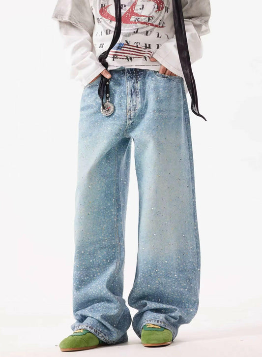 Blue Rhinestone Baggy Jeans