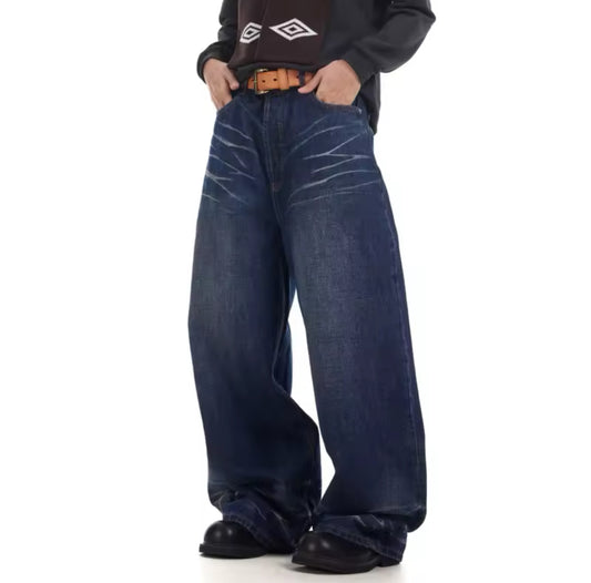 Whiskered Navy Blue Baggy Jeans