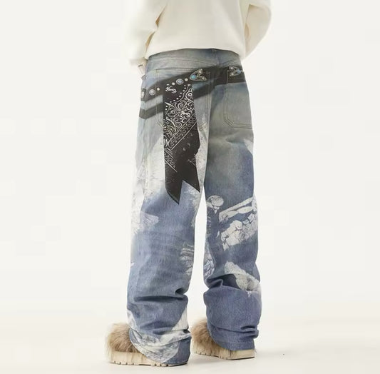 Belt Graphic Blue Baggy Jeans