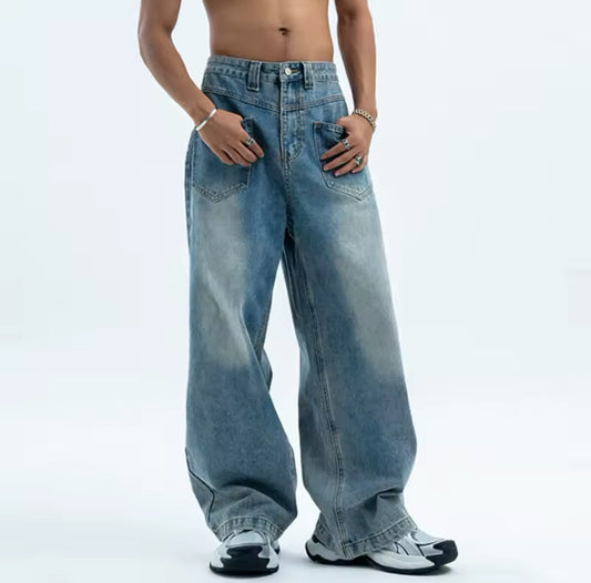 Faded Blue Reverse Pocket Baggy Jeans