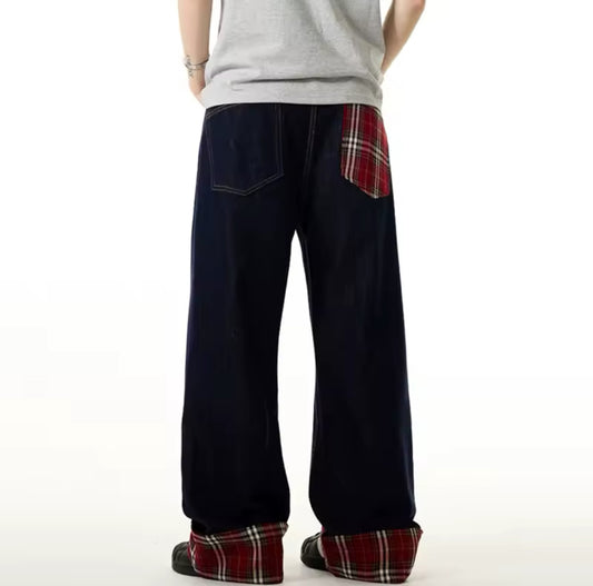 Plaid & Raw Denim Baggy Jeans
