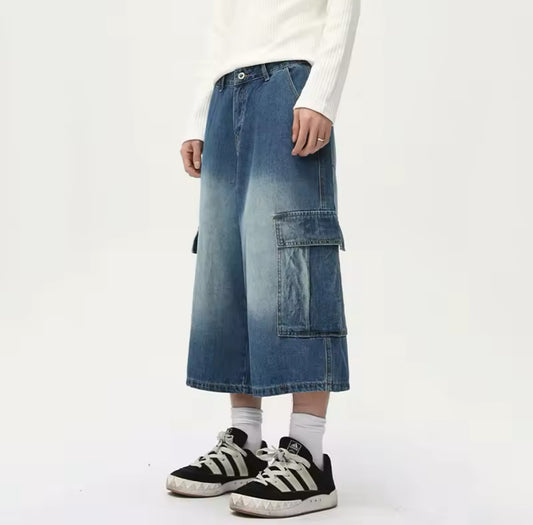 Navy Washed Long Cargo Jorts