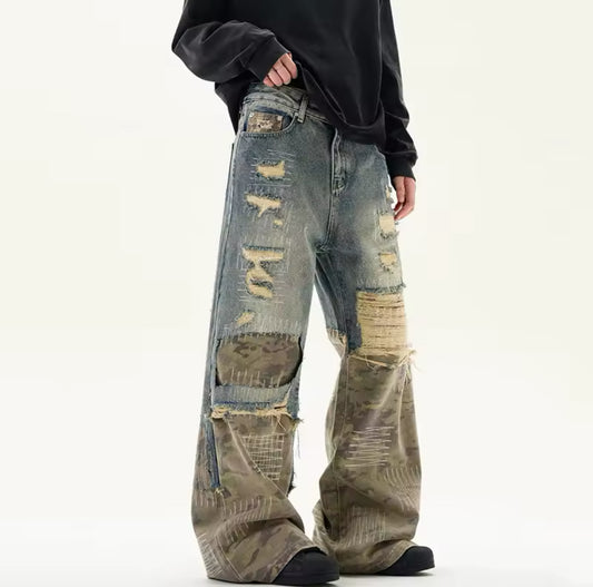 Blue to Camo Distressed Baggy Jeans