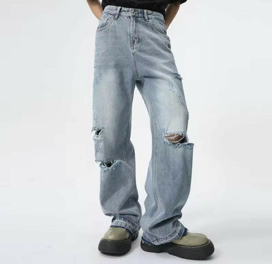 Faded Light Blue Distressed Straight Leg Jeans - Kore Clothing