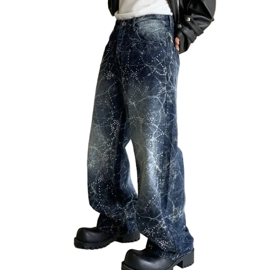 Blue Lightning Wash w/ Rhinestones Baggy Jeans