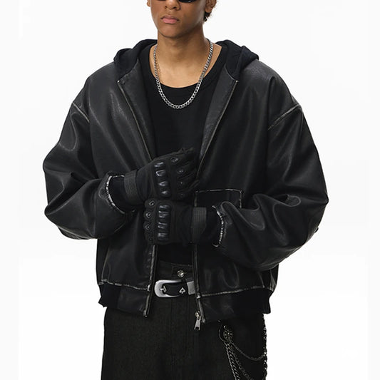 Vintage Hooded Leather Zip Up Jacket