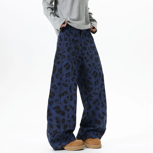 Blue Leopard Print Baggy Jeans