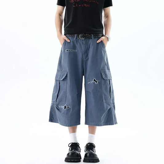 Blue Distressed Baggy Long Cargo Shorts