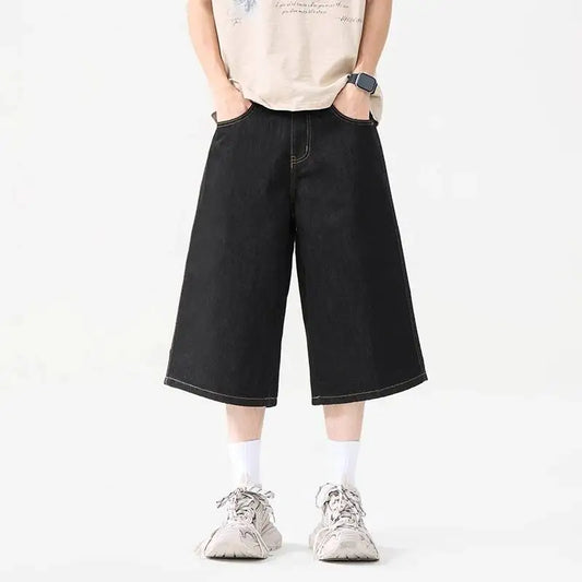 Black Raw Denim Baggy Long Jorts
