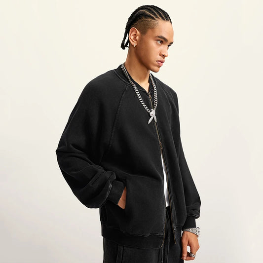 Faded Double Zip Up Fleece Bomber Jacket
