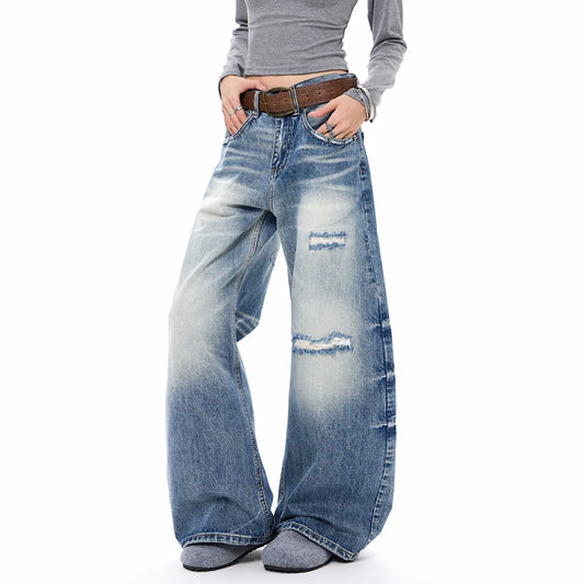 Blue Faded & Distressed Baggy Jeans