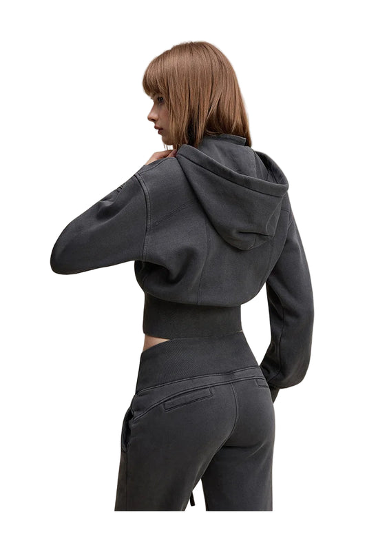 Womens Detachable Hood Cropped Double Zip Up Sweatshirt