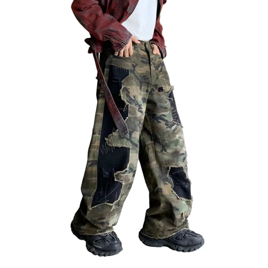 Camo To Black Distressed Baggy Jeans