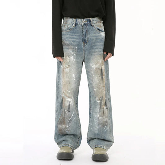 Blue Worn Out Wide Straight Leg Jeans - Kore Clothing