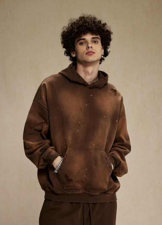 Brown Faded & Distressed Paint Splattered Hoodie