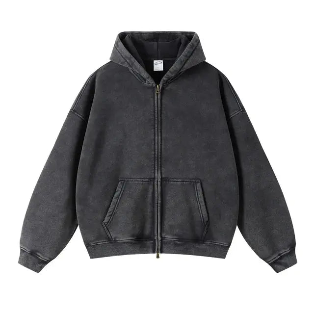 Faded Black Double Zip Up Hoodie Kore Clothing