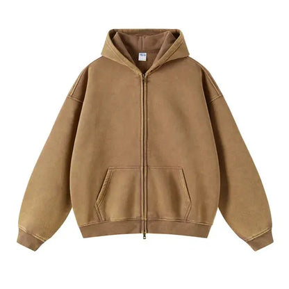 Faded Brown Double Zip Up Hoodie Kore Clothing