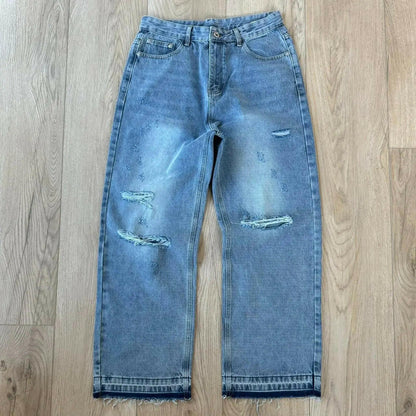 Faded & Distressed Light Blue Straight Leg Jeans Kore Clothing