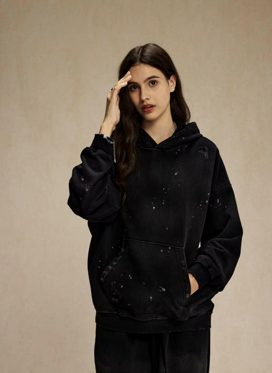 Black Faded & Distressed Paint Splattered Hoodie