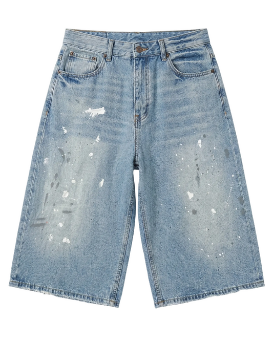 Paint Splatter Blue Baggy Long Jorts