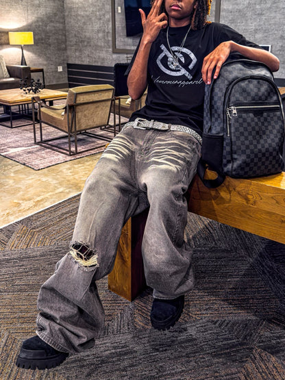 Faded & Distressed Gray Baggy Jeans
