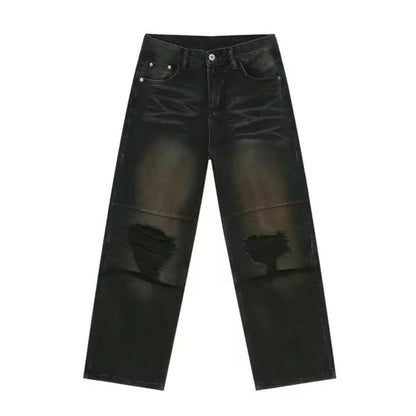 Black Desert Wash Blowout Knee Wide Straight Leg Jeans - Kore Clothing