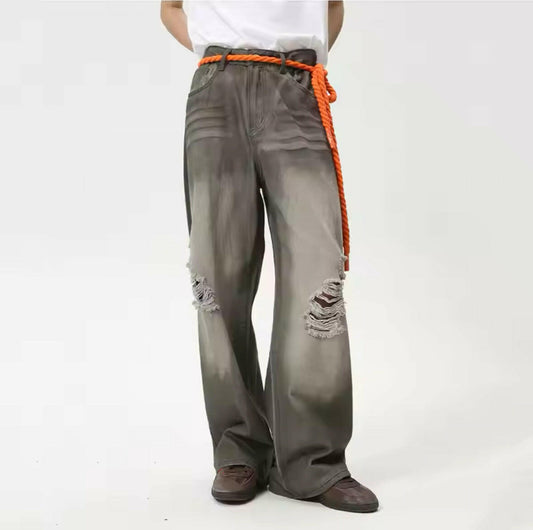 Gray-Brown Faded & Distressed Baggy Jeans - Kore Clothing