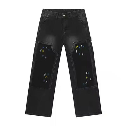Black Paint Splatter Double Knee Wide Straight Leg Jeans - Kore Clothing