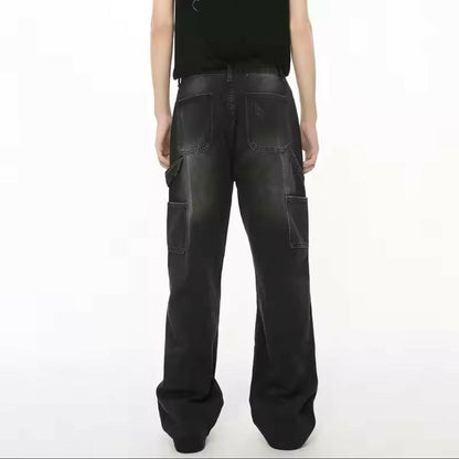 Black Paint Splatter Double Knee Wide Straight Leg Jeans - Kore Clothing