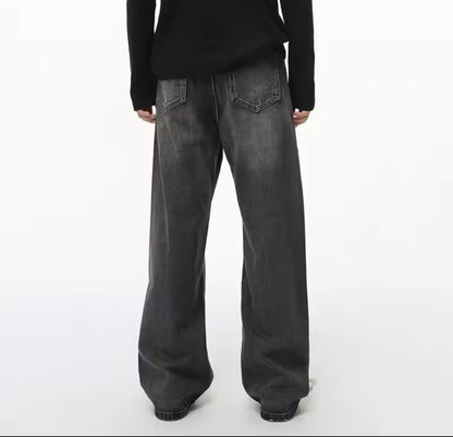 Faded Black Single Ripped Knee Wide Straight Leg Jeans - Kore Clothing